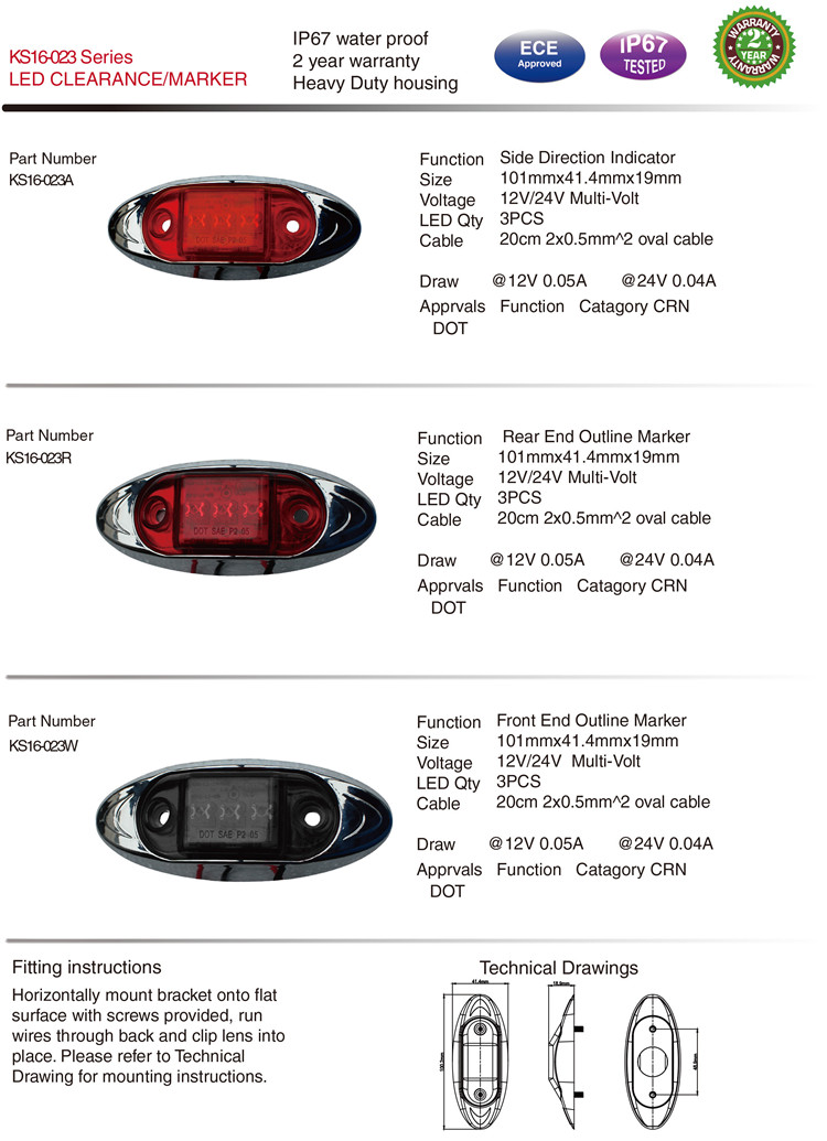 Ks16-023 DOT LED Clearance Marker Side Lamps for Truck