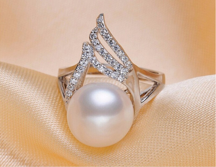 925 Silver Freshwater Pearl Ring Simple Design Pearl Ring AAA 10-11mm Button White Pearl Rings