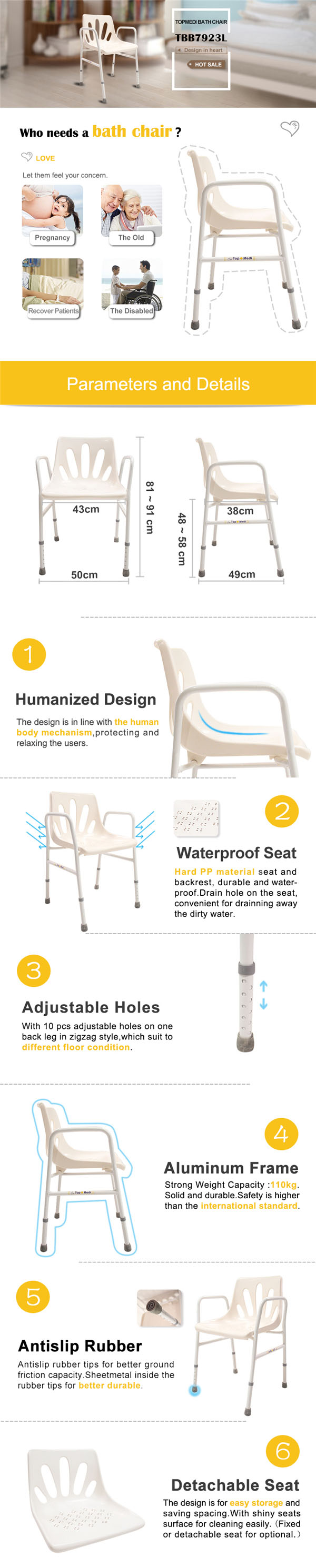 Topmedi Aluminum Shower Chair with Armrest and Backrest