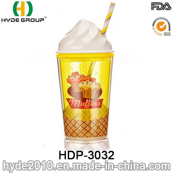 Wholesale BPA Free Ice Cream Mug, Double Wall Plastic Juice Tumbler with Straw (HDP-3032)