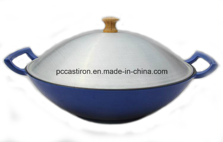 Enamel Cast Iron Wok Cookware with Wooden Cover Dia 36cm