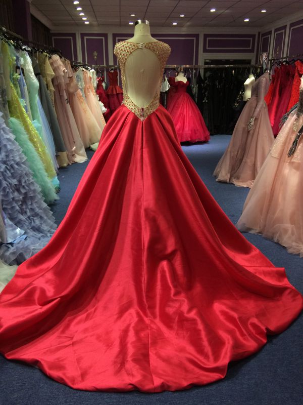 Red Satin Princess Wedding Dress with Delicate Beading Work