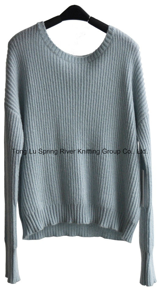 Ladies Round Neck Pure Color Pullover Knitted Sweater