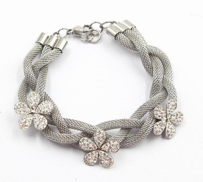 Silver Stainless Steel Bracelet with Zirconia Flower Charms