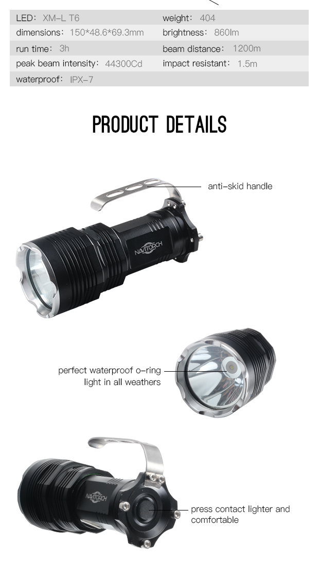 High Power Xm-L T6 LED Water Resistant IP-X7 Flash Light (NK-655)