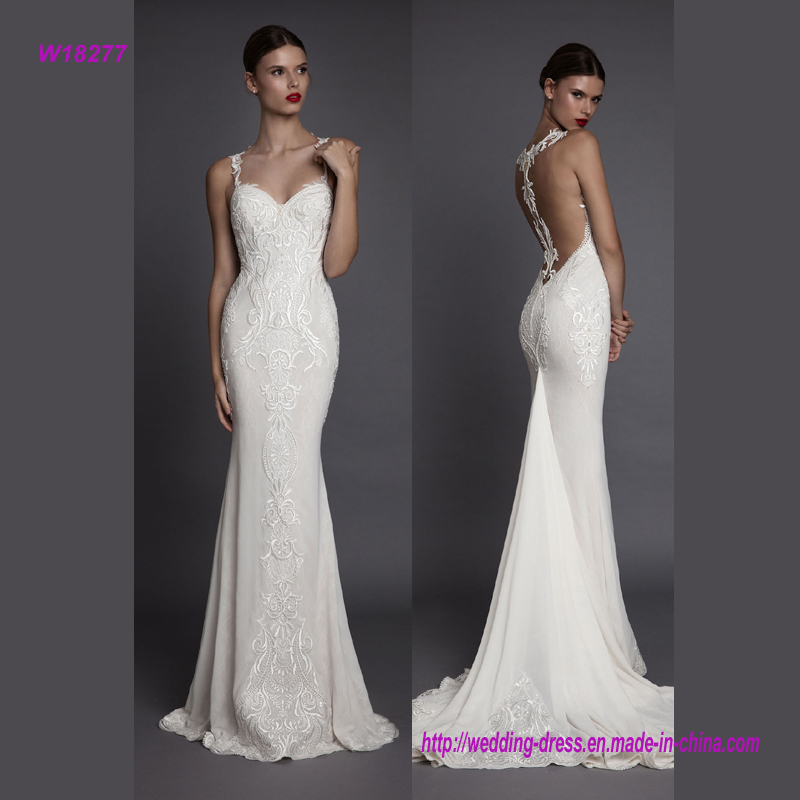 Sexy Back Design and Noble Embroidery Spaghetti Strap Mermaid Wedding Gown