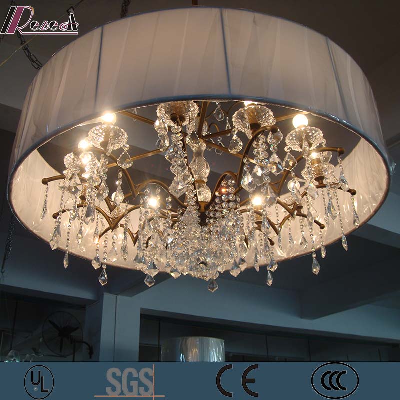 European Hotel Decorative Crystal Pendant Lamp with Fabric Shade