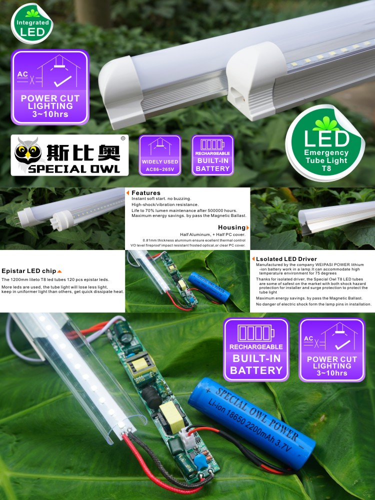 LED Emergency Tube lamp T8: 18W/1.2m, 13W/0.9m, 9W/0.6m Rechargeable with Backup Battery