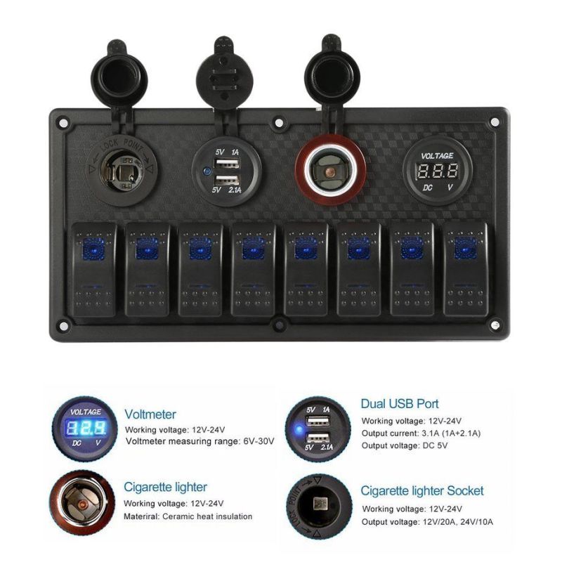 8 Gang Waterproof 12-24V Rocker Switch Panel Control Car Marine Boat Voltmeter