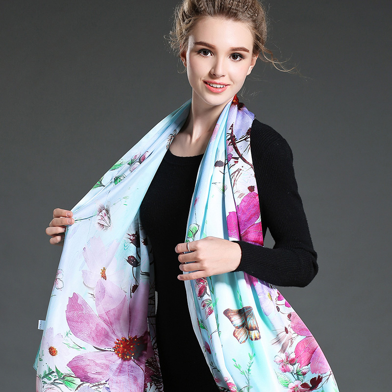 Digital Printing Long Silk Scarf for Woman Blue