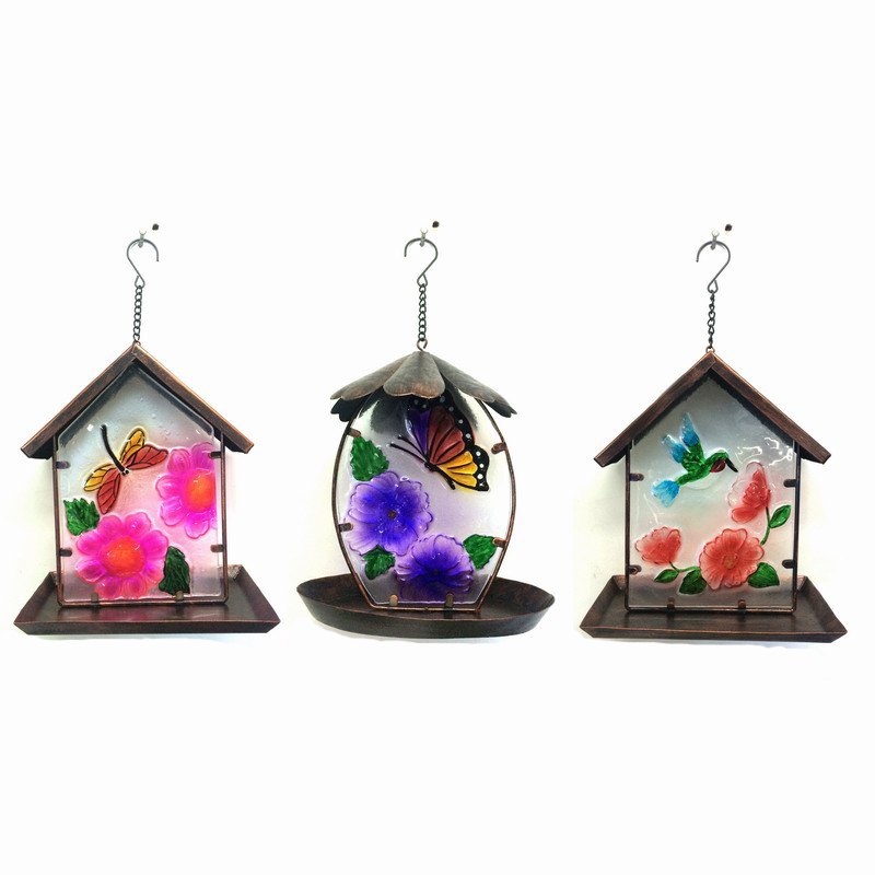 3 Asst Stained Glass Decorated Metal Garden Birdfeeder