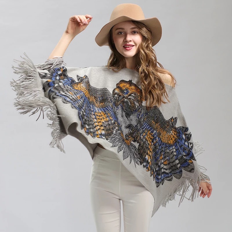 Womens Cardigan Wraps Winter Knitted Eagle Printing Shawls Sweater Poncho (SP619)