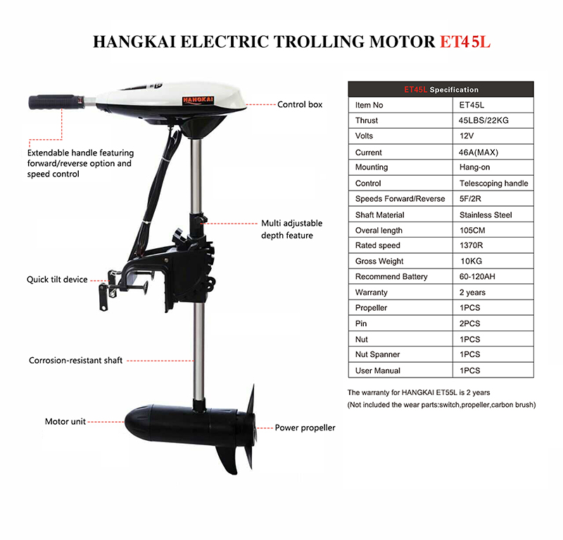 Durable 45 Pound Boat Electric Trolling Motor 12V for Boat