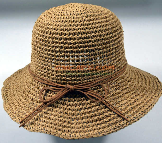 Portable Foldable Natural Raffia Straw Hat with Linen Rope