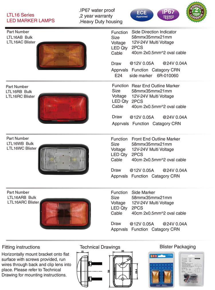 Ltl16 E-MARK Truck LED Side Marker Lamp Lights for Trucks