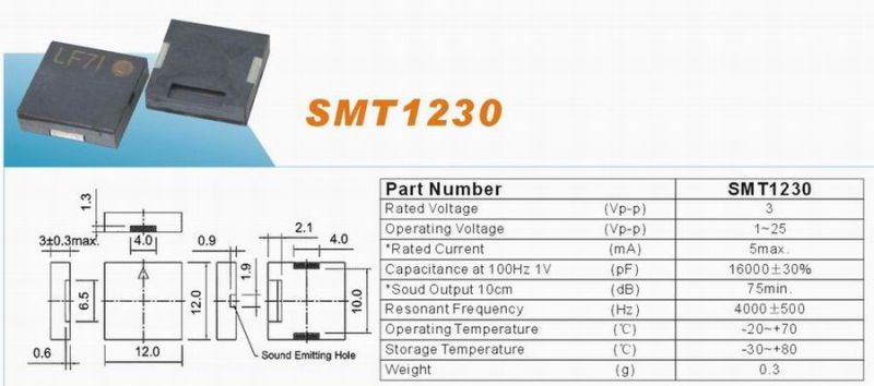 Higt Quality 1.5V 95dB 12.0*3.0mm Piezo Buzzer SMT1230 SMT1230 (FBELE)