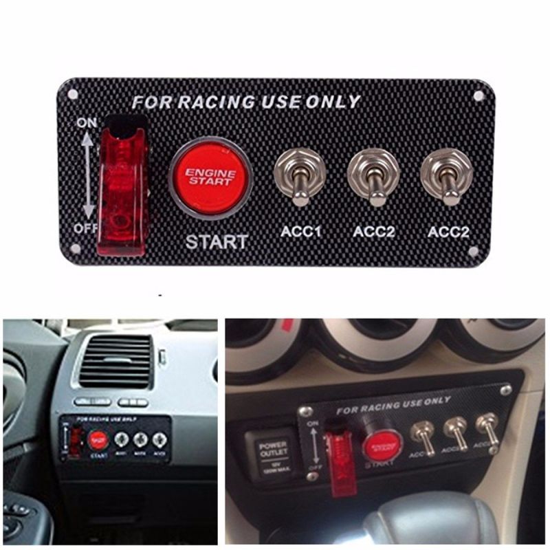 Ignition Switch Panel, 12V 30A Auto Engine Starter Push Button Racing Ignition Switch Red LED Toggle Carbon Fiber Panel with 5 Buttons