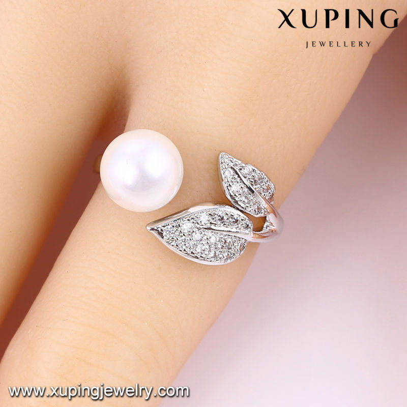 13755 Fashion Pretty CZ Round Pearl Leaf Silver-Plated Jewelry Finger Ring for Women