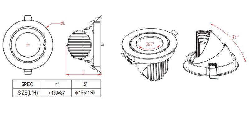 100lm/W Adjustable Adjustable Downlight 20 W, Epistar/Citizen COB LED Downlights 20 Watt