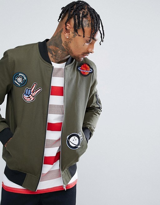 Bomber Jacket with Badges and Sleeve Zip in Khaki
