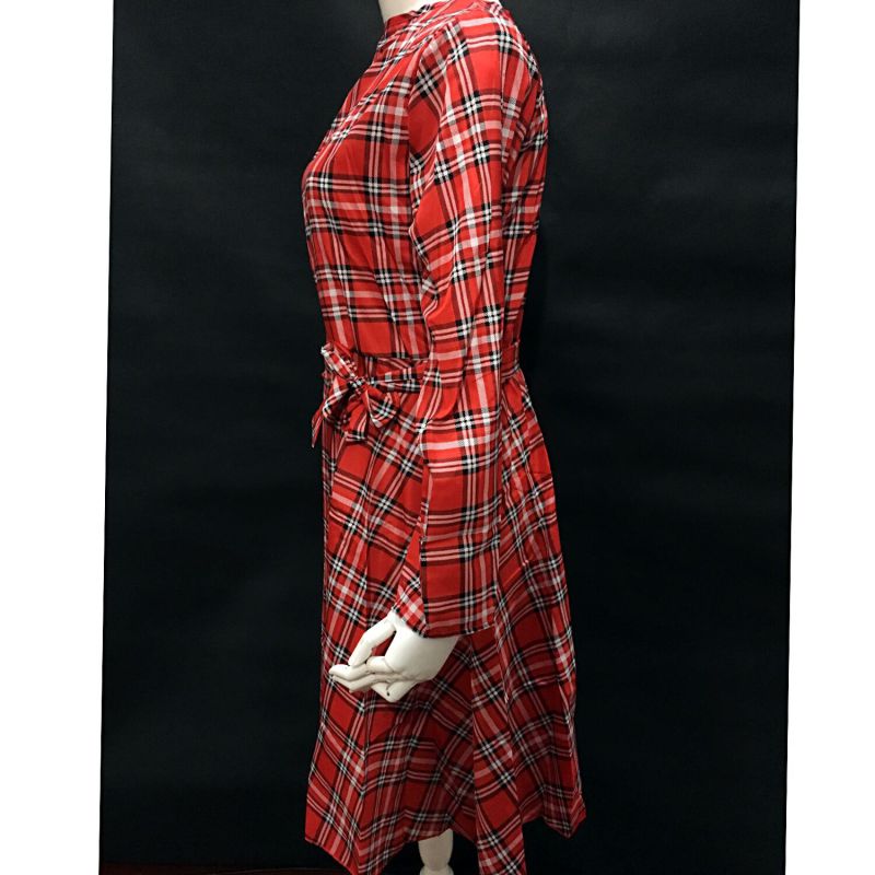 Red Checks Long Sleeve Womens Popular Retro Swing Dresses