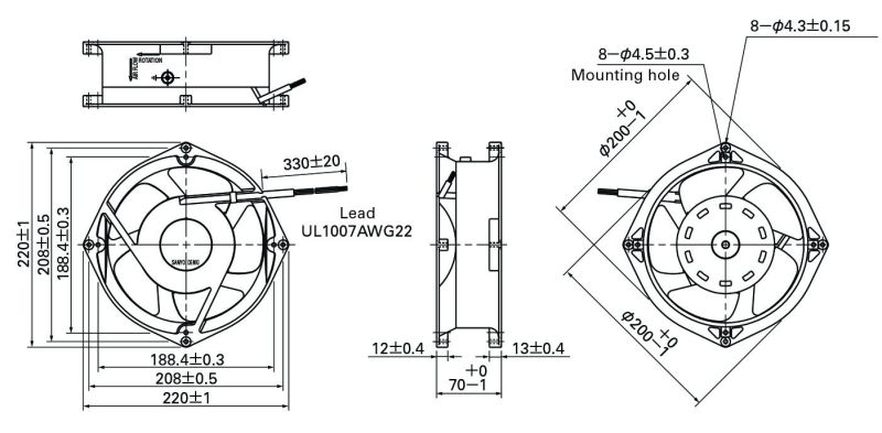 200X200X70mm Aluminum Housing Plastic Impeller DC20070 Cooling Fan