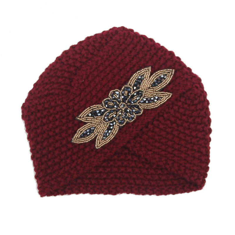 Women Knitted Rhinestone Flower Hat Cross Crochet Turban Bonnet Winter India Cap Warm Hat (HW128)