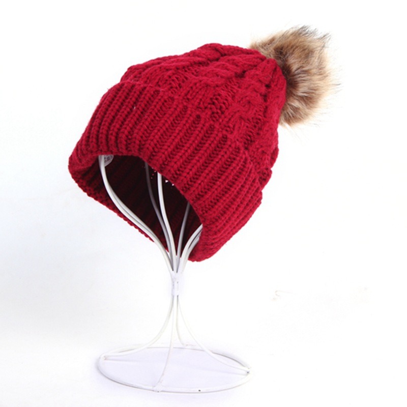 Womens Mens Fake Fur Ball Cap POM POM Knitted Beanies Thick Hat (HW100)