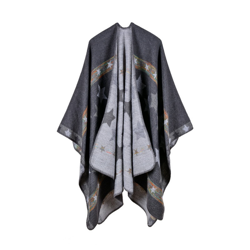 Women's Color Block Open Front Blanket Poncho Bohemian Cashmere Like Star Printing Cape Thick Warm Stole Throw Poncho Wrap Shawl (SP222)