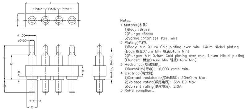 4 Pin Vertical Type Through Hole Pogo Pin Connector