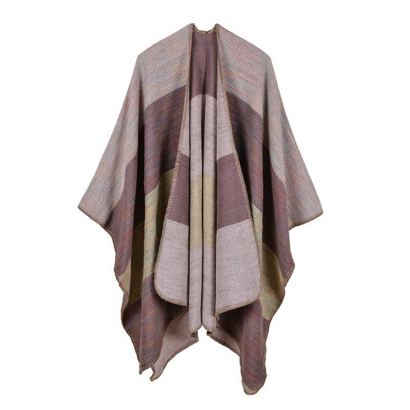 Women's Color Block Open Front Blanket Poncho Bohemian Cashmere Like Cape Thick Winter Warm Stole Throw Poncho Wrap Shawl (SP230)