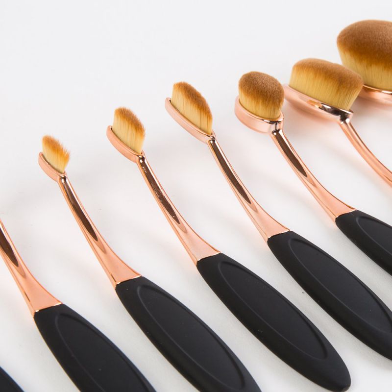 10PCS Rose Gold Handle Oval Makeup Brush Set with Black Box