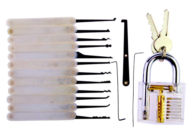 Transparent Practice Padlock with Canvas Bag 15PCS Lockpicking Tools White Silicon Case (Combo 6)