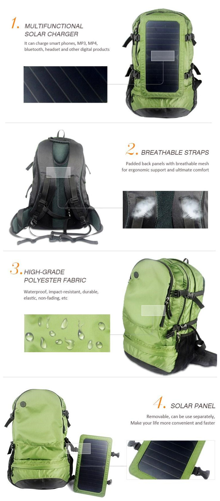 Army Green Polyester Hiking Solar Backpack 6.5W 6V Solar Bag