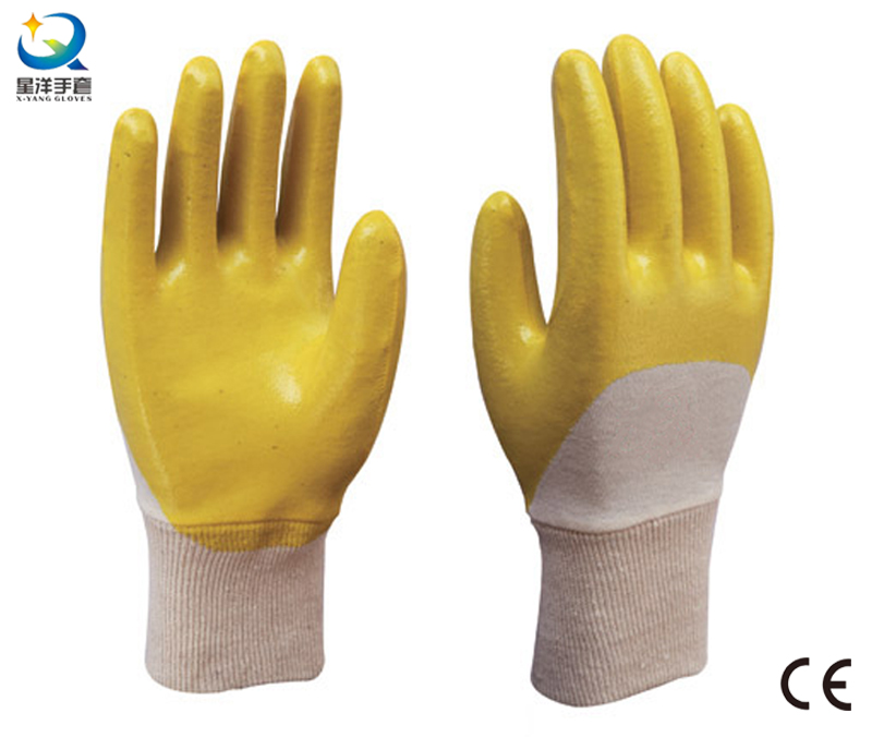 Cotton Interlock Shell Yellow Nitrile Half Coated Safety Gloves (N6044)