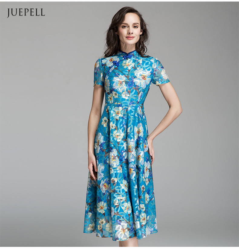 Middle Age Woman Dress Floral Print Elegant