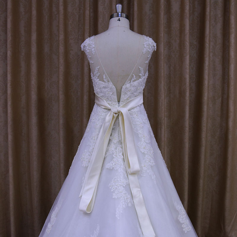 Appliqued Lace A-Line Bridal Gowns with Beading Sash