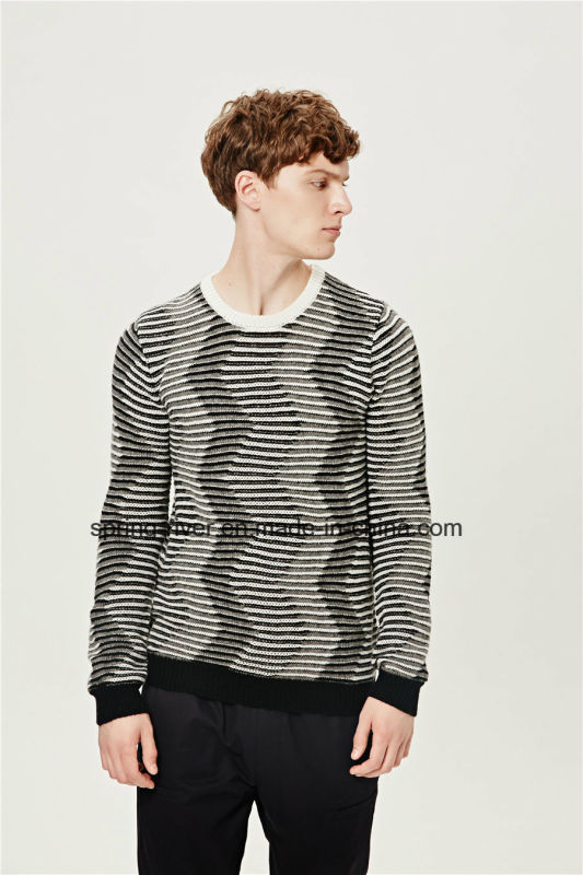 Special Pattern Round Neck Striped Knit Men Sweater