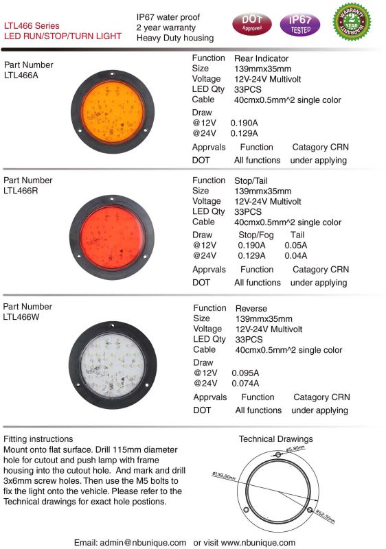 DOT Approved 4 Inch Round Tail Stop Turn Reverse Light Water Proof,