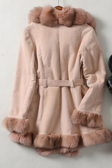 New Design Lady's Genuine Shearing Leather and Fur Jacket Long Style Fox Fur