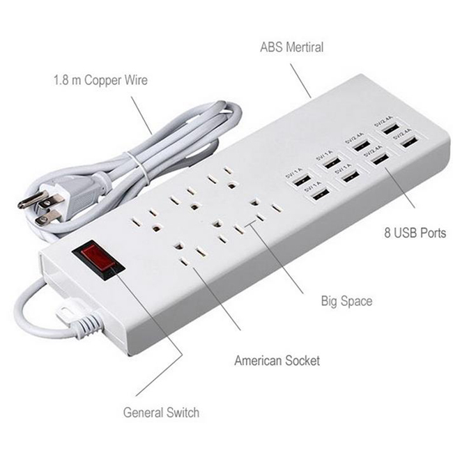 6 Outlet Socket Power Strip 8 Ports USB Extension Charger with Us Standard Plug Socket