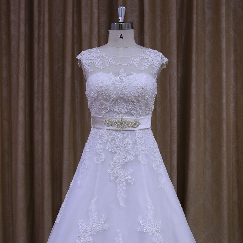 Appliqued Lace A-Line Bridal Gowns with Beading Sash