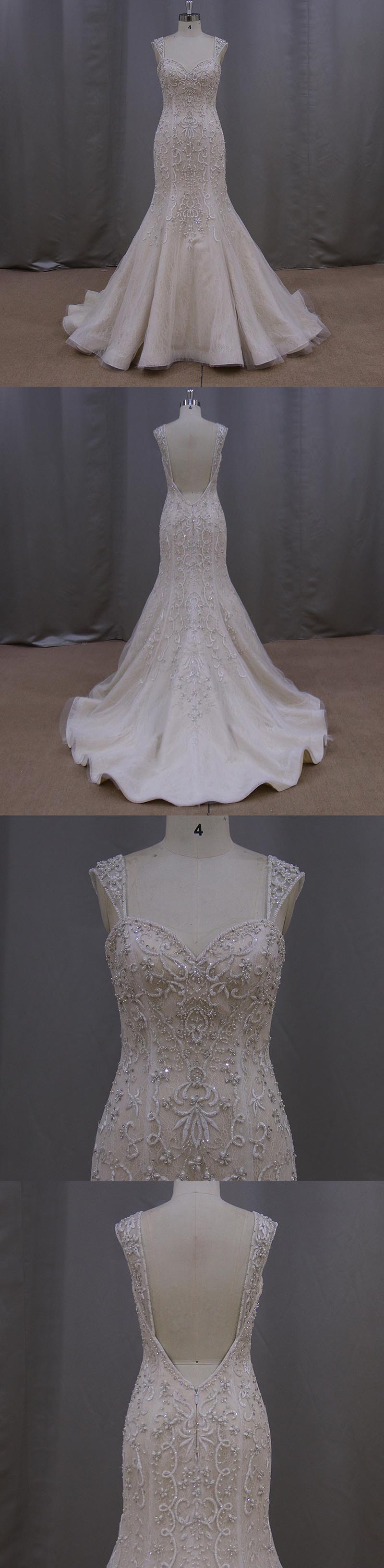 Champagne Embroidered Backless Low Back Cap Sleeve Sexy Wedding Dress