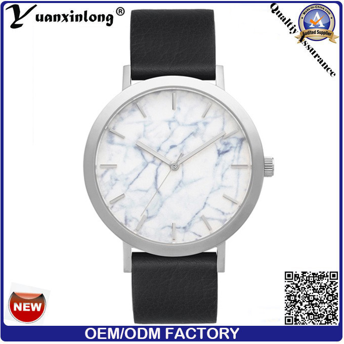 Yxl-686 Marble Stone Watch Face Stainless Steel Watch Case Black Genuine Leather Fashion Watch