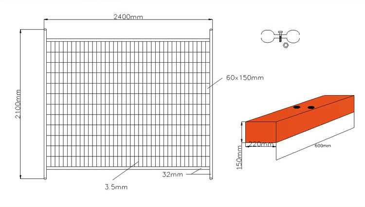 2.4X2.1m Temporary Fence with Concrete Base and Clamp for Australia