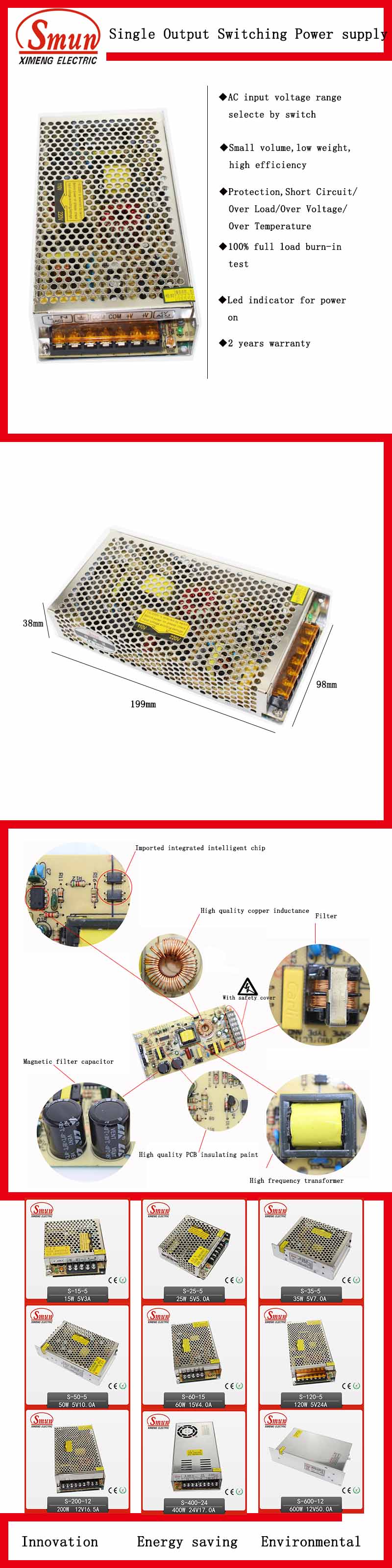 180W 12VDC 15A Output Switching Power Supply for Motor S-180-12