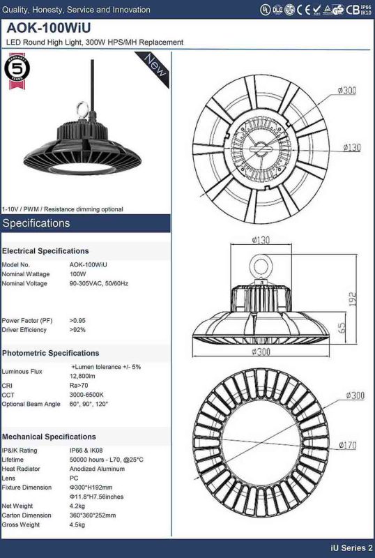 Detective Distance Upto 15m UFO Microwave Sensor LED High Bay 100W, 130lm/W CRI80 LED High Bay Light