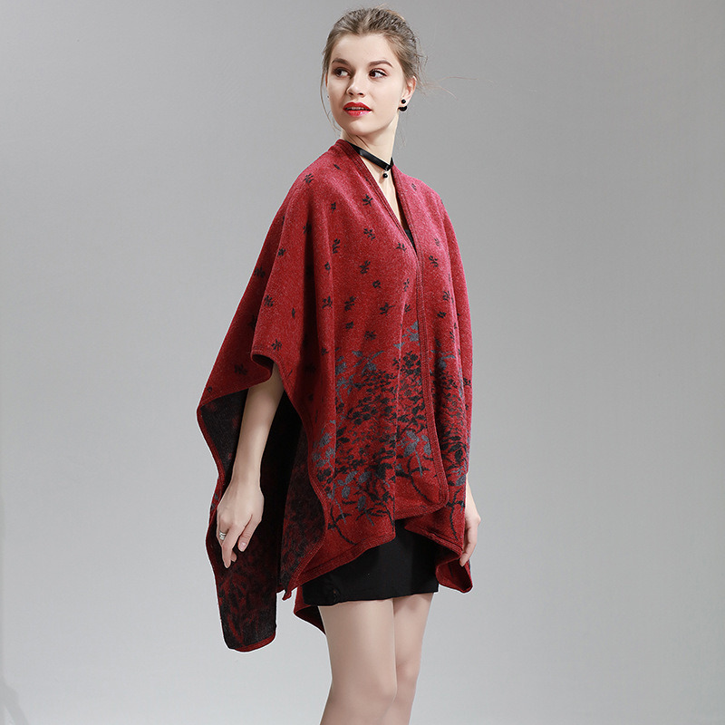 Womens Cashmere Feel Flower Printing Fancy Cape Stole Poncho Shawl (SP297)