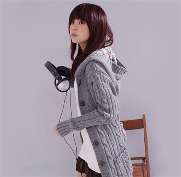 Latest Single Breasted Casual Long Trench Knitting Women's Cardigan with Hood