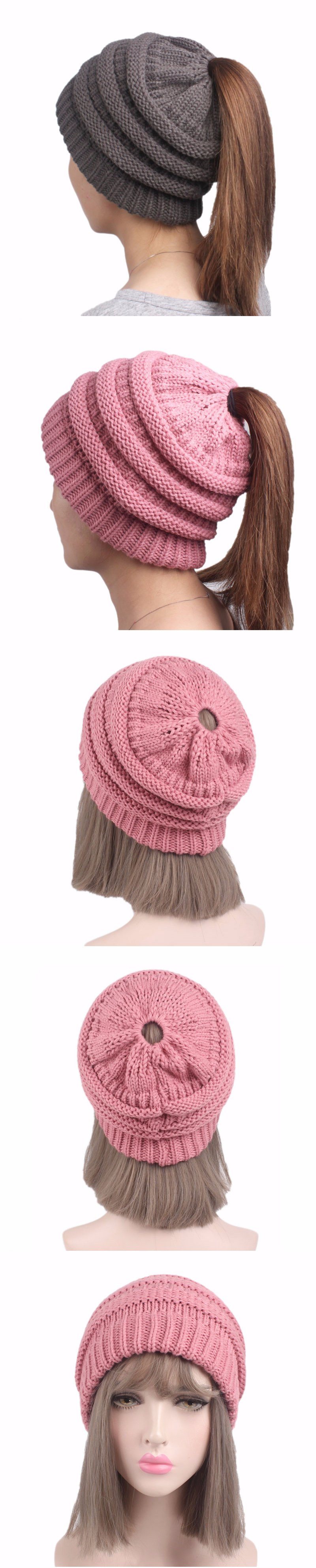 Women's Soft Stretch Cable Knitted Messy High Bun Ponytail Cap Beanie Hat (HW131)